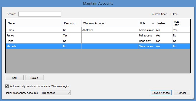 Maintain accounts window