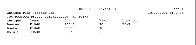 Rare cell inventory printout